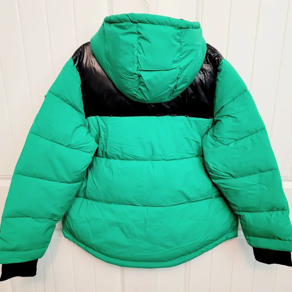 BCBGeneration Size XL Colorblock Hooded Puffer Jacket Kelly Green NWT $228